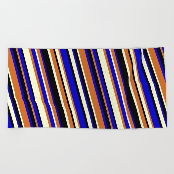 Chocolate, Light Yellow, Black & Blue Colored Lines/Stripes Pattern Beach Towel