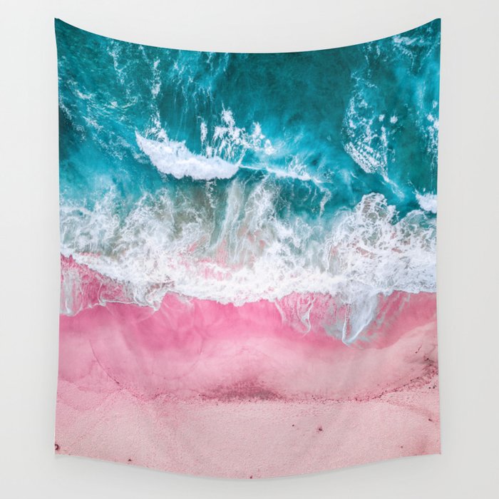 Teal Beach Summer Sea - Pastel Pink Sand Turquoise Waves Wall Tapestry