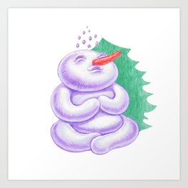Pencil illustration of cute smiling snowman doing yoga, meditation next to christmas tree Art Print