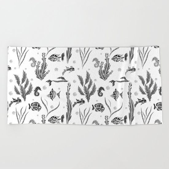 Black and white pattern. Fish . Beach Towel
