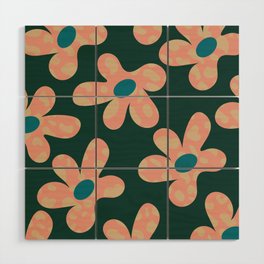 Cute Retro Daisy Floral Pink Green Pattern  Wood Wall Art