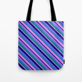[ Thumbnail: Purple, Royal Blue, Teal, Violet & Blue Colored Stripes/Lines Pattern Tote Bag ]