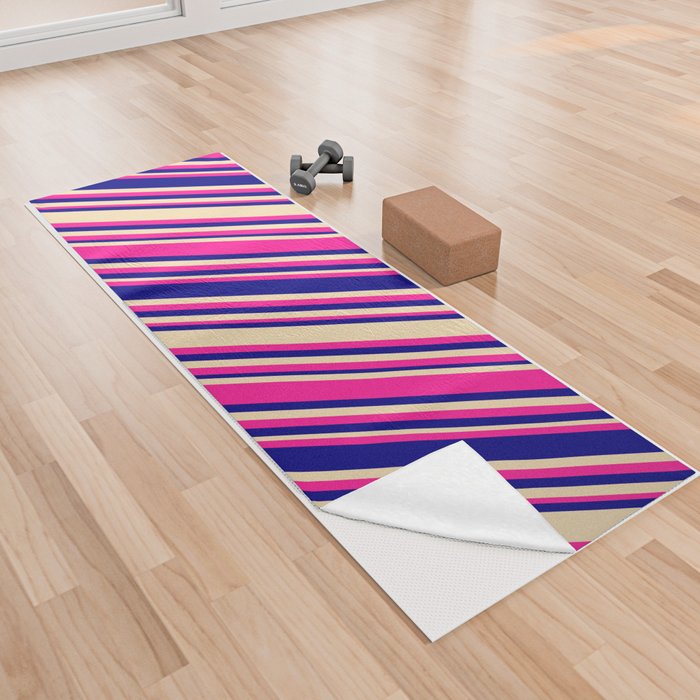 Deep Pink, Blue, and Tan Colored Stripes/Lines Pattern Yoga Towel