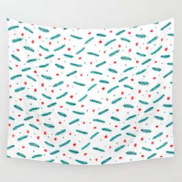 Christmas branches and stars - teal and red Wall Tapestry