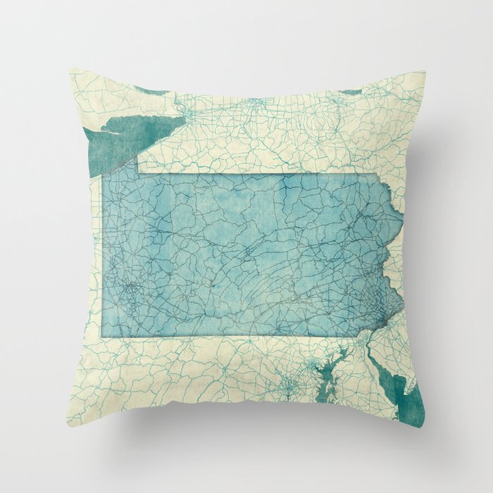 Pennsylvania State Map Blue Vintage Throw Pillow