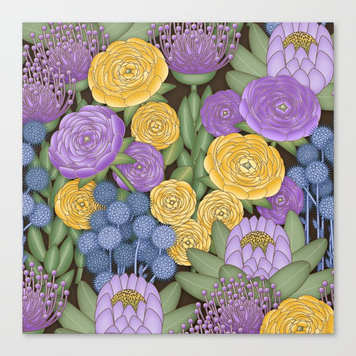 Romantic Bohemian Floral and Thistle Pattern // Purple, Lavender, Sage, Green, Brown, Yellow, Blue Canvas Print