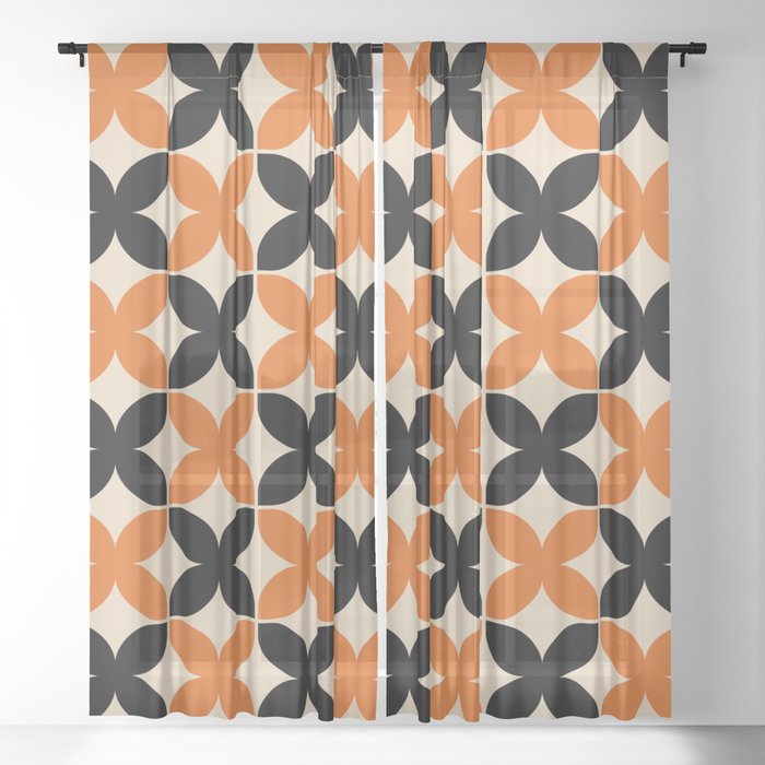 Geometric Flower Pattern 934 Orange Black and Beige Sheer Curtain