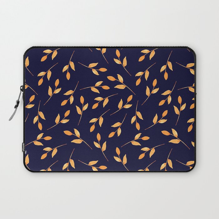 Leaf Golden Autumn Watercolor Pattern Navy blue Laptop Sleeve