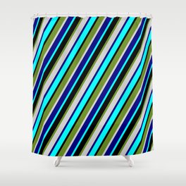 [ Thumbnail: Colorful Aqua, Black, Green, Light Grey, and Blue Colored Lined/Striped Pattern Shower Curtain ]