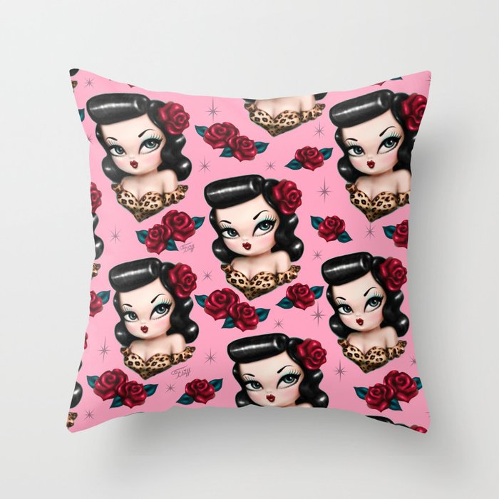 Rockabilly Baby Doll with Roses on Pink Throw Pillow