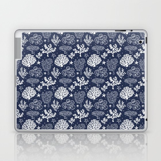 Navy Blue And White Coral Silhouette Pattern Laptop & iPad Skin