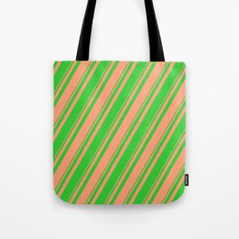[ Thumbnail: Light Salmon & Lime Green Colored Lines Pattern Tote Bag ]