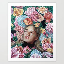 Florimania, portrait of young girl woman in flowers, colorful rainbow, bright, romantic Art Print