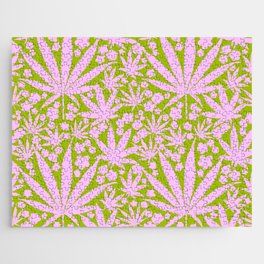 Mid-Mod Pink And Green Cannabis And Flowers Jigsaw Puzzle
