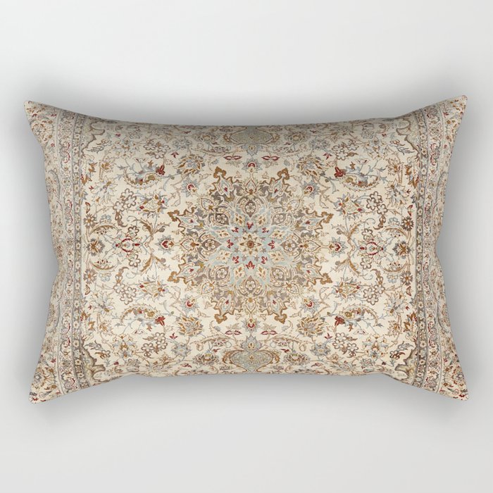 Isfahan Central Persia Old Century Authentic Colorful Dusty Blue Tan Distressed Vintage Patterns Rectangular Pillow