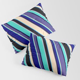 [ Thumbnail: Eye-catching Dark Slate Blue, Bisque, Turquoise, Blue, and Black Colored Lined/Striped Pattern Pillow Sham ]