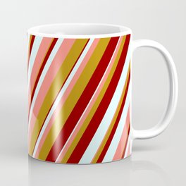 [ Thumbnail: Dark Red, Light Cyan, Salmon, and Dark Goldenrod Colored Lined Pattern Coffee Mug ]