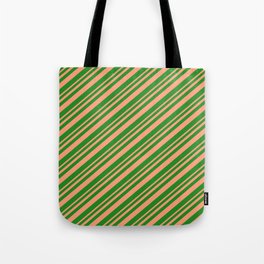 [ Thumbnail: Light Salmon & Forest Green Colored Lined Pattern Tote Bag ]