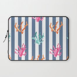 Colorful Coral Reef on Slate Blue Stripes Laptop Sleeve