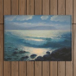 Waves at High Tide at the Beach with moonlight and stars coastal landscape painting by Lionel Walden Outdoor Rug