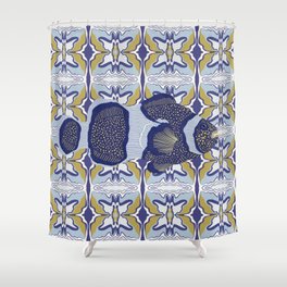 Clownfish swimming on a Purple and yellow patterned background Shower Curtain