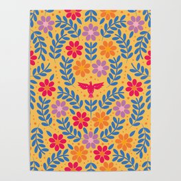 Colorful and Joyful Folk Floral Pattern on Sunny Marigold , Inspired by Mexican Traditional Embroidery Art Poster