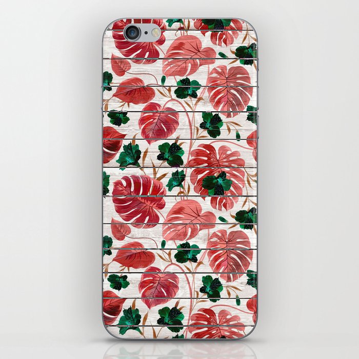 Rustic white wood red green tropical floral illustration iPhone Skin