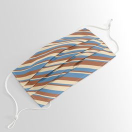 [ Thumbnail: Tan, Blue & Sienna Colored Stripes/Lines Pattern Face Mask ]