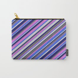 [ Thumbnail: Orchid, Royal Blue, Light Gray, Midnight Blue & Dim Gray Colored Lined Pattern Carry-All Pouch ]