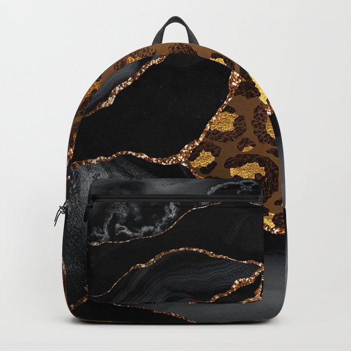Black Marble Agate Space Landscapes With Gold Leopard Skin  Backpack
