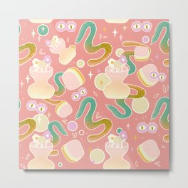 Sneaky Snake Abstract Pattern Pink Version  Metal Print | Outdoors, Modern, Quirky, Wavy, Retrocolors, Eyes, Nature, Mysticvibes, Uniquepattern, Continuouspattern 