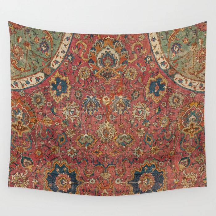 Persian Medallion Rug IV // 16th Century Distressed Red Green Blue Flowery Colorful Ornate Pattern Wall Tapestry