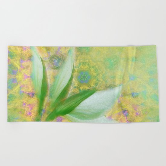Bauhinia buds against textured green background Beach Towel