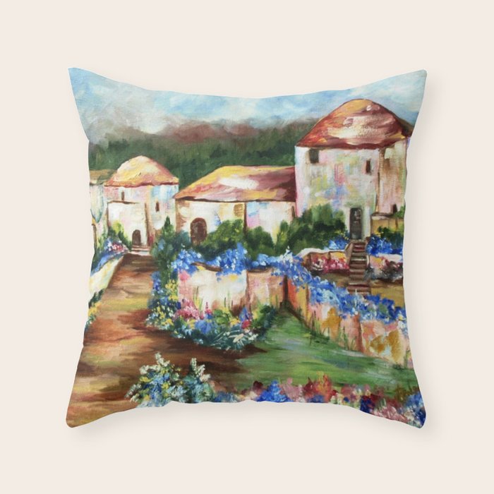 Floral BLUE VILLAGE GARDEN Throw Pillow