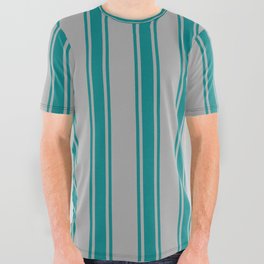[ Thumbnail: Dark Grey & Teal Colored Striped Pattern All Over Graphic Tee ]