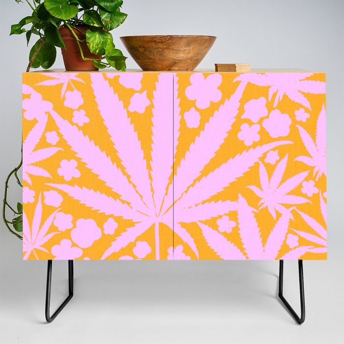 Modern Cannabis And Flowers And Leaves In Pink On Orange Tropical Botanical Floral Silhouette  Credenza