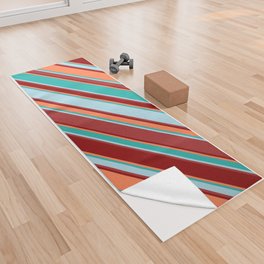 [ Thumbnail: Light Sea Green, Light Blue, Brown, Dark Red & Coral Colored Stripes/Lines Pattern Yoga Towel ]