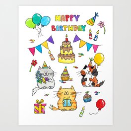 Happy Birthday Cats Art Print