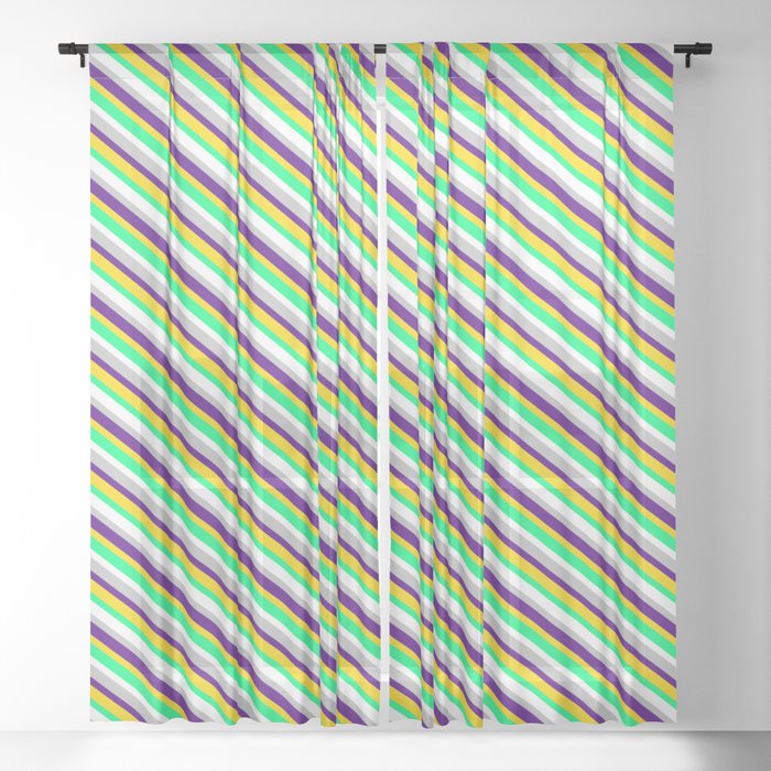 Vibrant Indigo, Yellow, Green, White, and Grey Colored Lines Pattern Sheer Curtain
