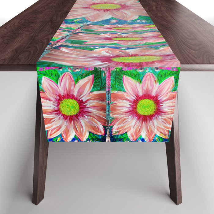 Big Pink Daisy Flower Painting Table Runner