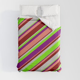 [ Thumbnail: Light Grey, Green, Purple, Salmon, and Dark Red Colored Striped Pattern Duvet Cover ]