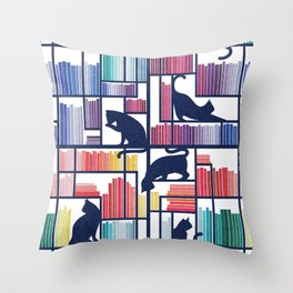 Rainbow bookshelf // white background navy blue shelf and library cats Throw Pillow