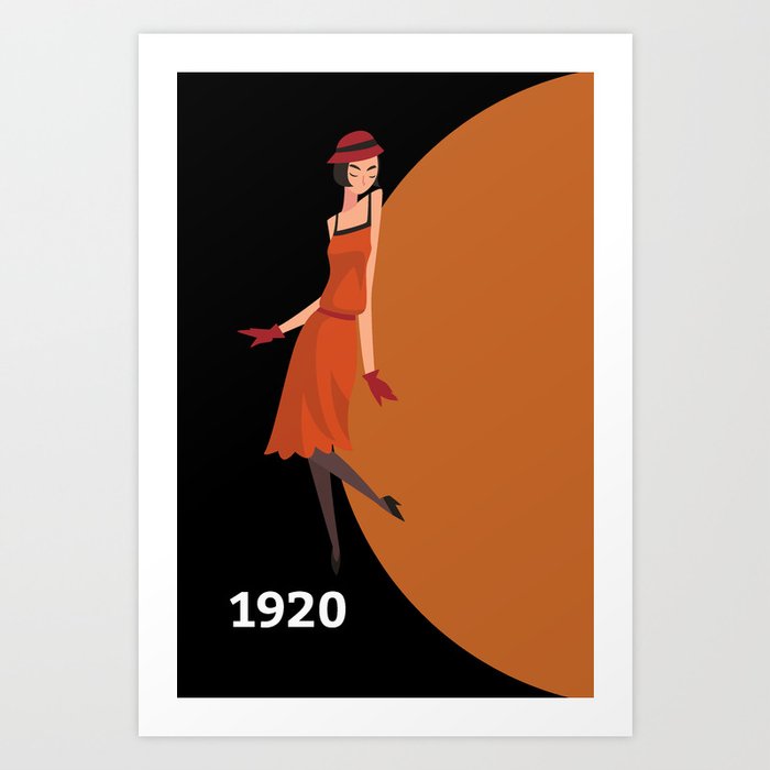 Art Deco 1920s Flapper Fashion Dancer Girl in Burnt Orange and Black Art Print