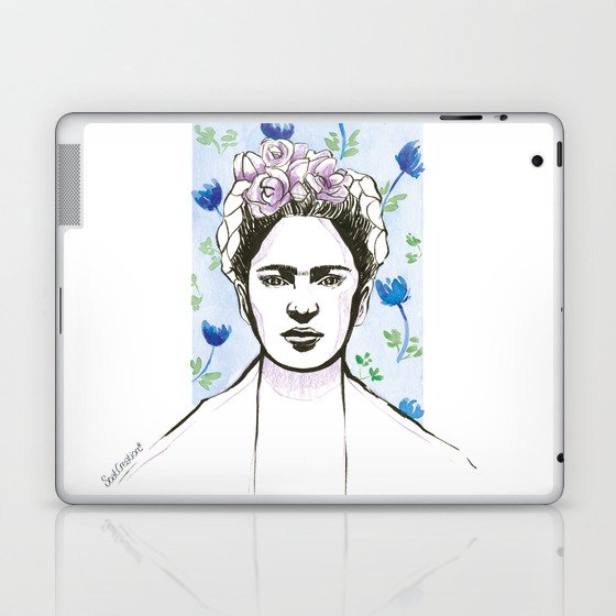 Frida Kahlo portrait  Floral watercolor blue green purple Laptop & iPad Skin
