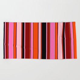 [ Thumbnail: Eye-catching Hot Pink, Black, Red, Dark Red, and Pink Colored Stripes/Lines Pattern Beach Towel ]