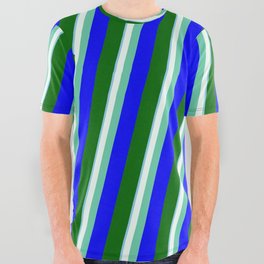 [ Thumbnail: Colorful Sky Blue, Mint Cream, Aquamarine, Blue & Dark Green Colored Striped/Lined Pattern All Over Graphic Tee ]