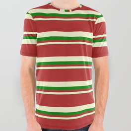[ Thumbnail: Red, Light Yellow, and Green Colored Striped/Lined Pattern All Over Graphic Tee ]