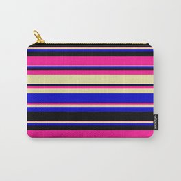 [ Thumbnail: Deep Pink, Pale Goldenrod, Blue, and Black Colored Striped/Lined Pattern Carry-All Pouch ]