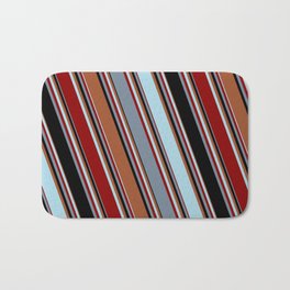 [ Thumbnail: Sienna, Light Blue, Dark Red, Light Slate Gray, and Black Colored Pattern of Stripes Bath Mat ]