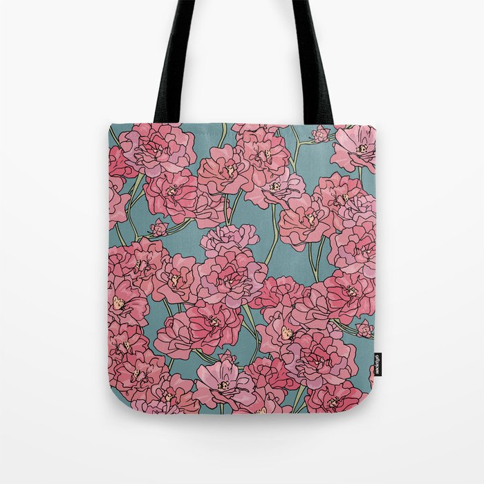 Pattern with pink damask roses on turquoise background Tote Bag